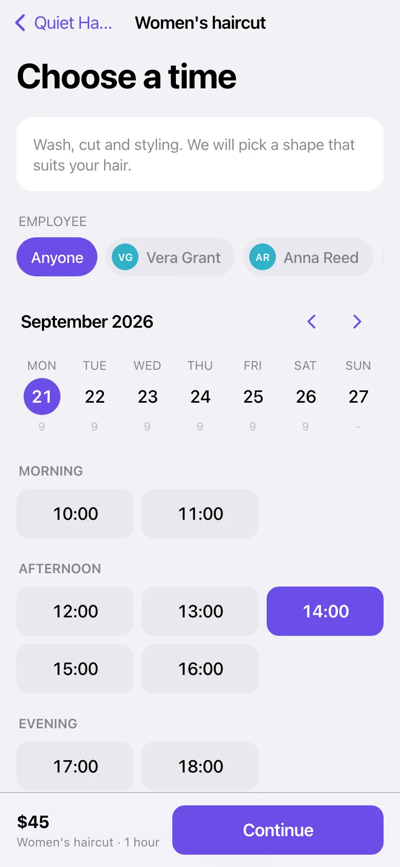 Time picker: a September calendar with free slots from 10:00 to 18:00