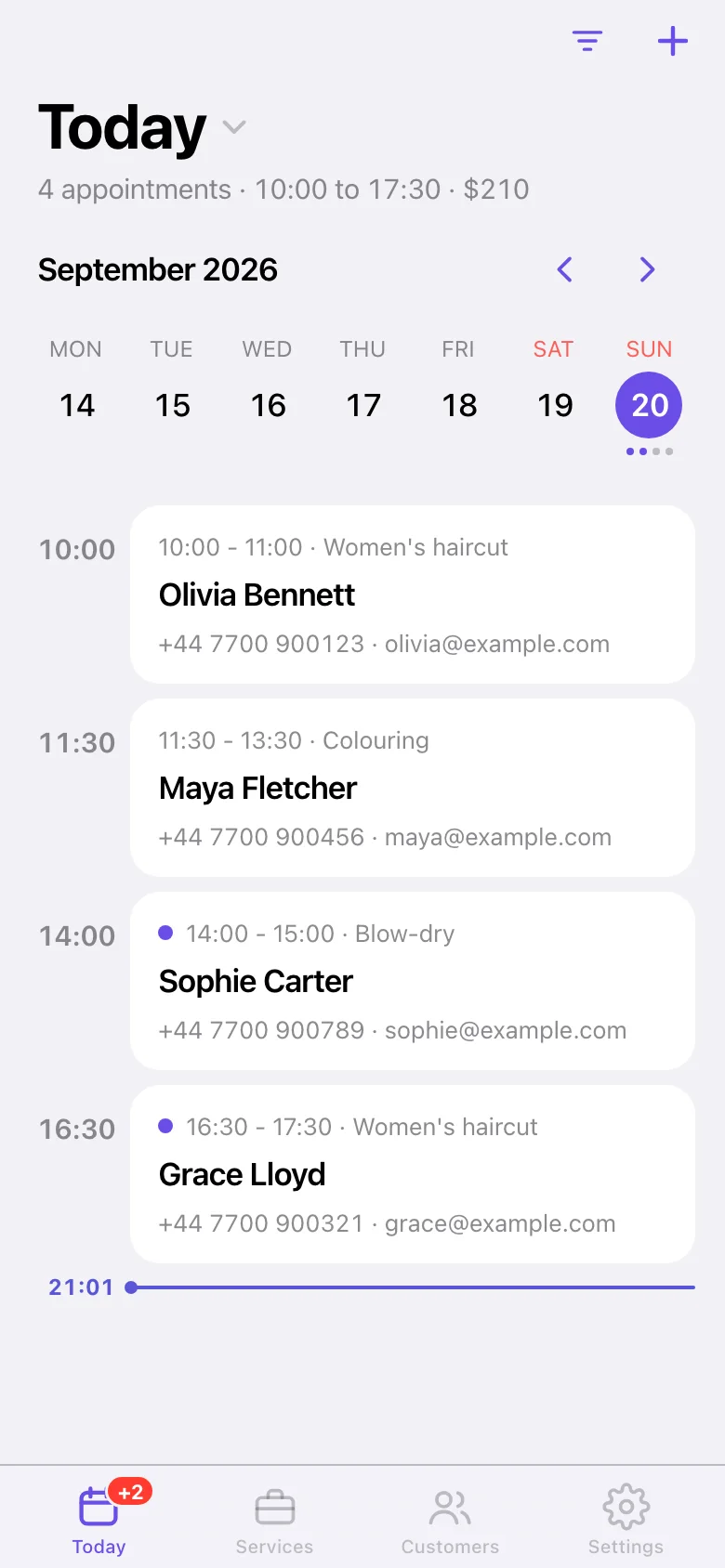 A day in the schedule: client appointments next to Google Calendar events