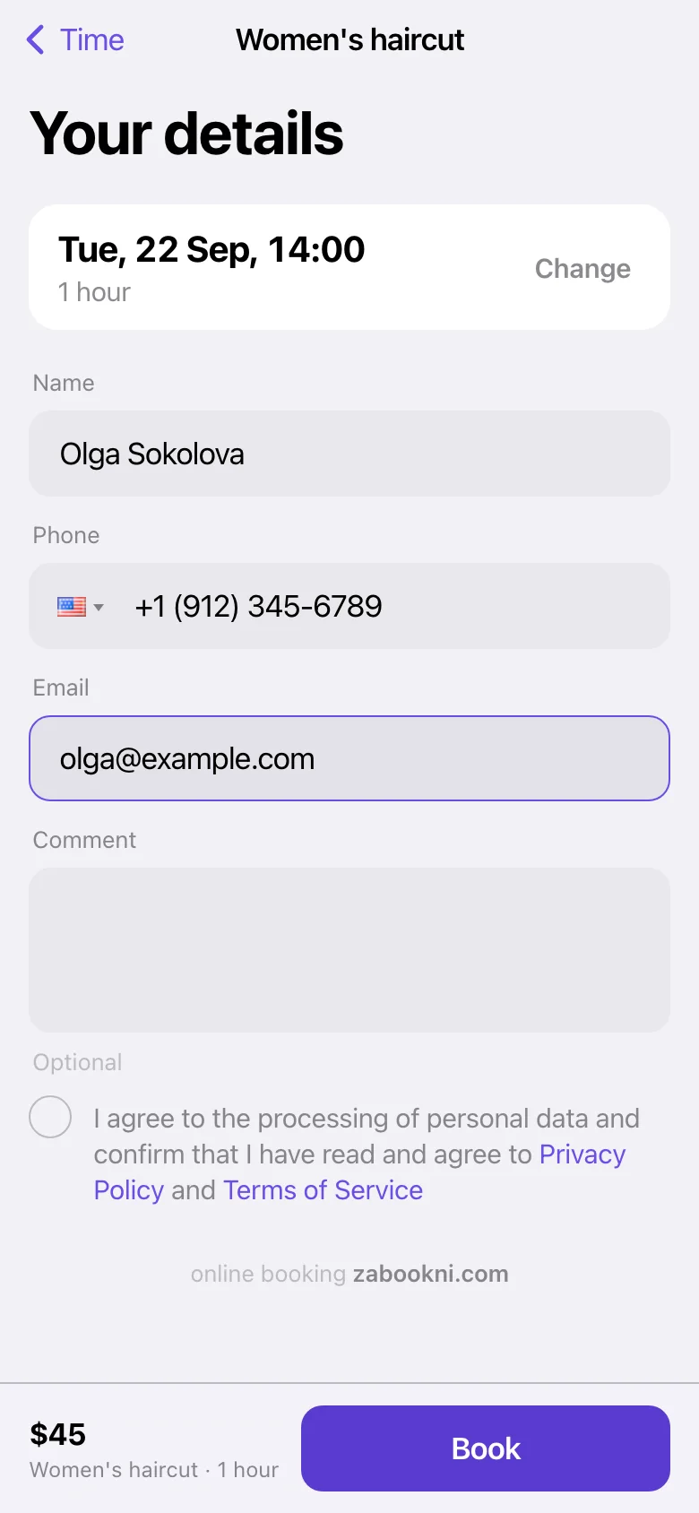 Booking form with the client's name, phone and email