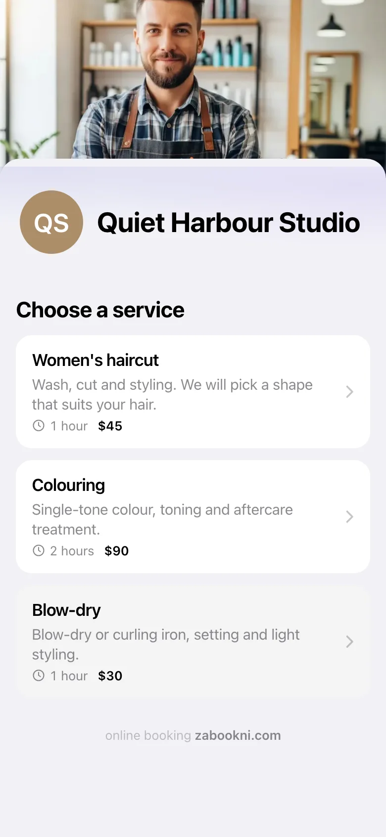 The same page with the salon's own cover image at the top