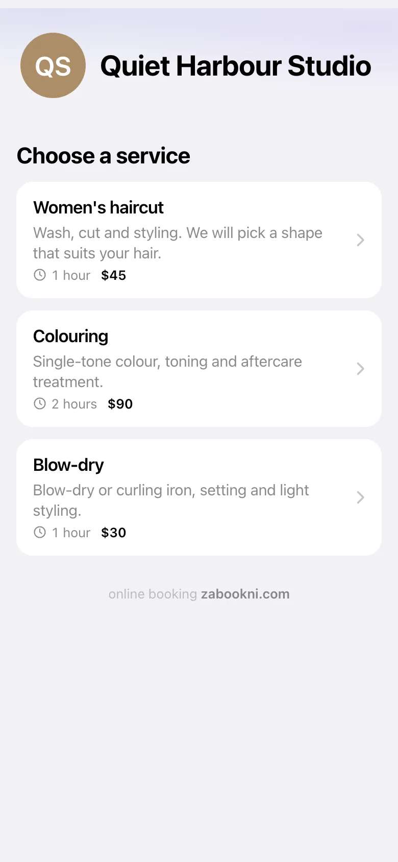 A salon booking page listing services with their length and price