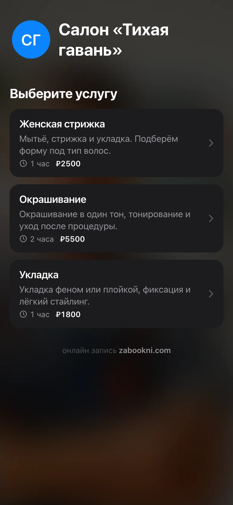 Та же страница в тёмной теме с фоновой фотографией салона
